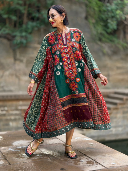 XXL Madame Hall 1-of-1 Green Artwear Dress with Rare Heritage Kutch Embroidered Yoke