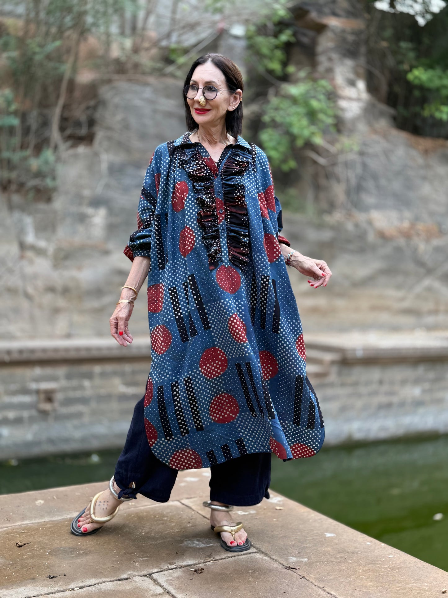 Modernist Indigo Ajrakh Cotton Shirtdress