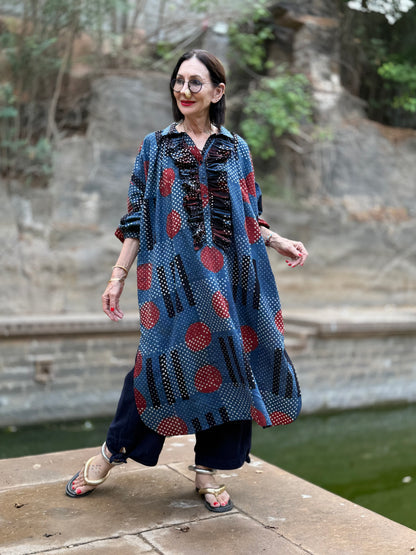 Modernist Indigo Ajrakh Cotton Shirtdress