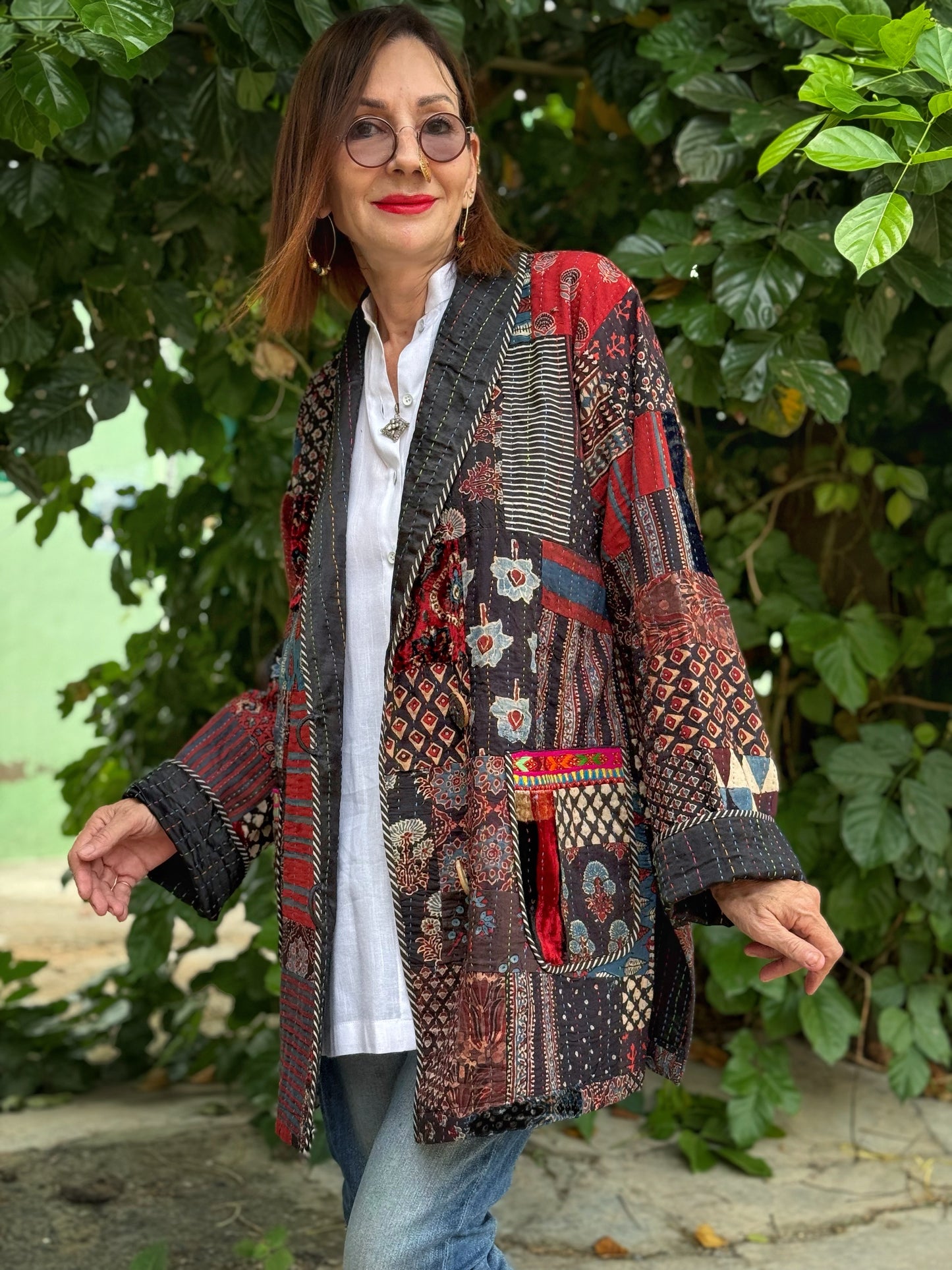 Hand quilted patchwork jacket of luxe Ajrakh