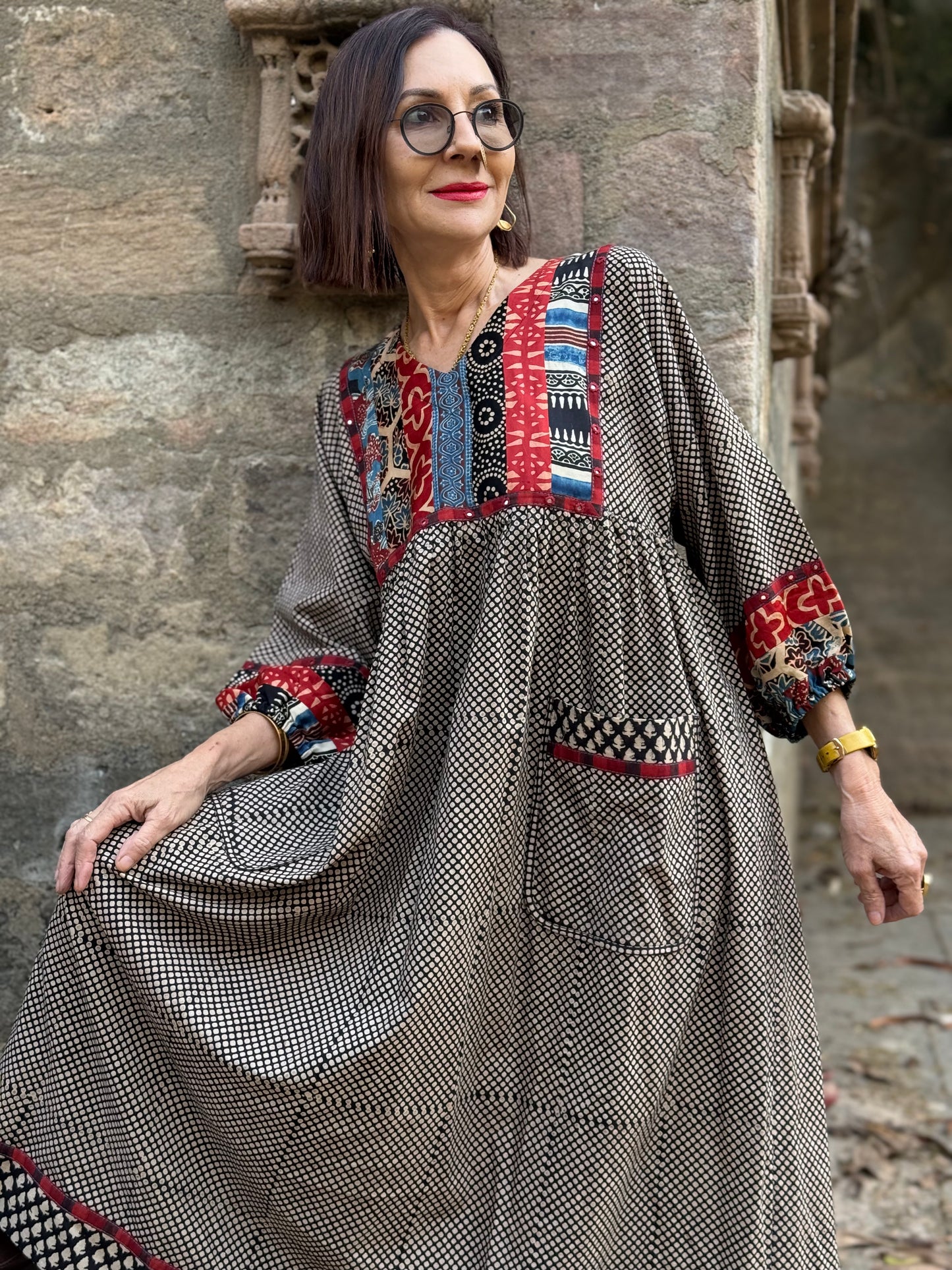 Indian cotton dress with patchwork yoke