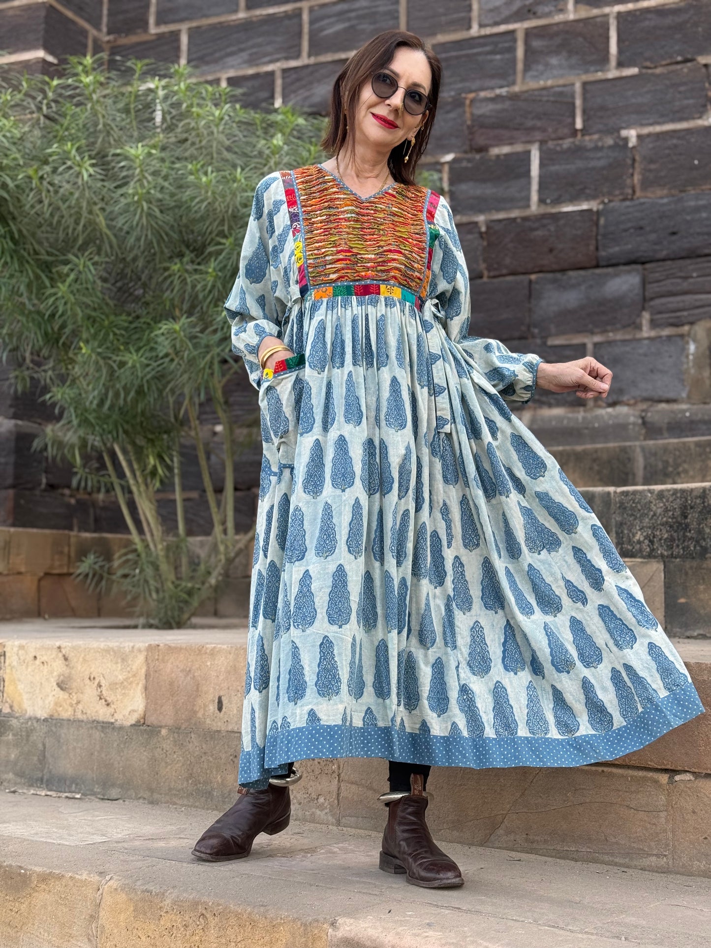 Boho Luxe Indigo Block Print Dress with Colorful Appliqué | One of a Kind