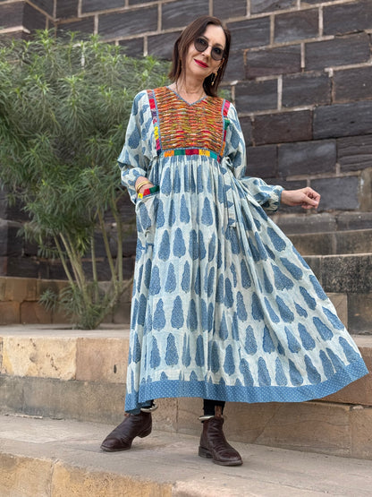 Boho Luxe Indigo Block Print Dress with Colorful Appliqué | One of a Kind