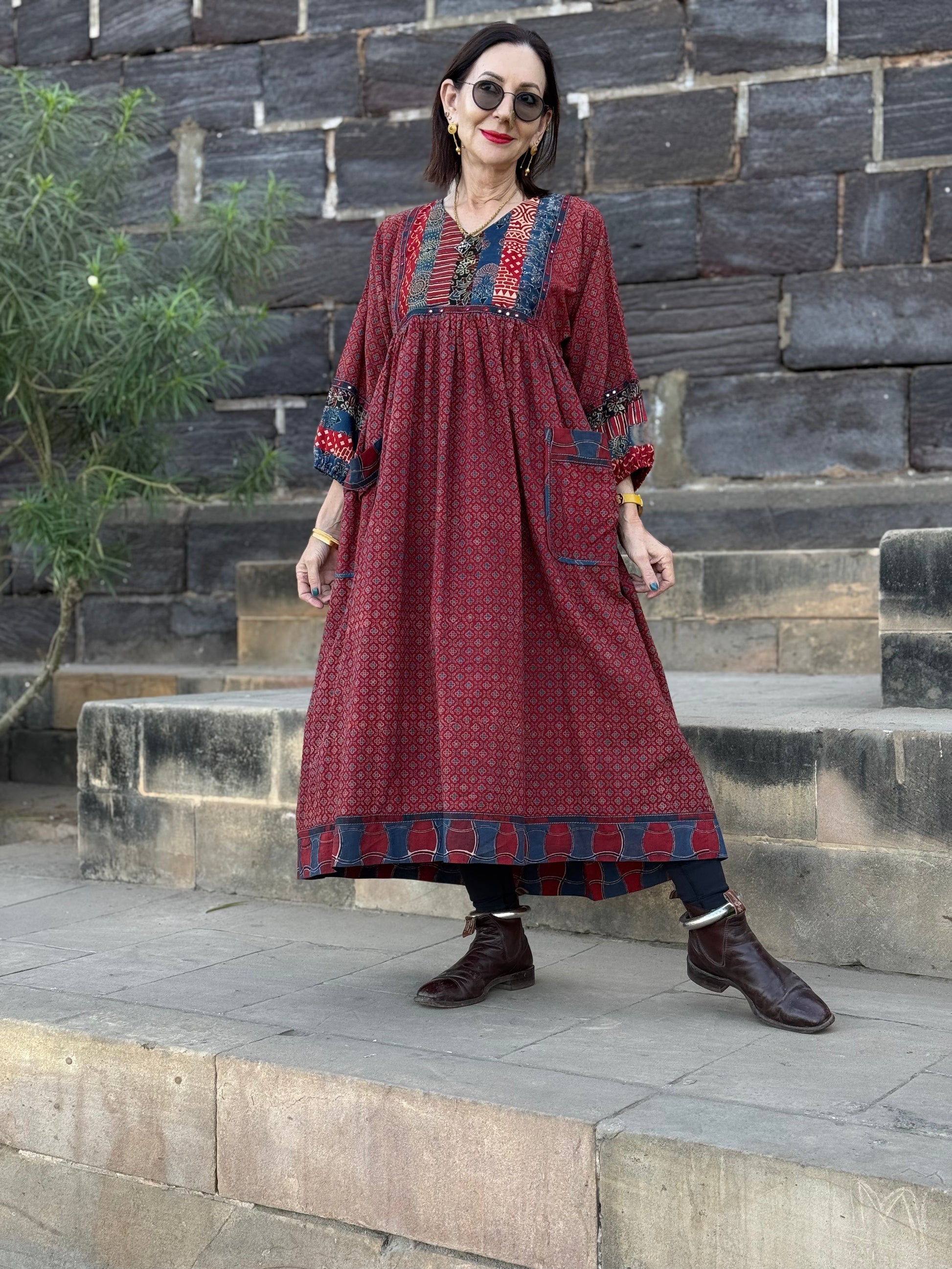 Red Ajrakh cotton dress with mirror embroidery