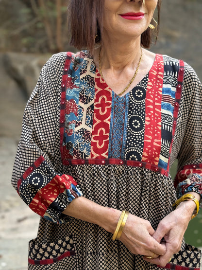 Indian cotton dress with patchwork yoke