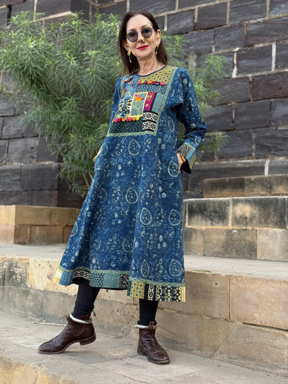 Indigo Patchwork Applique Dress