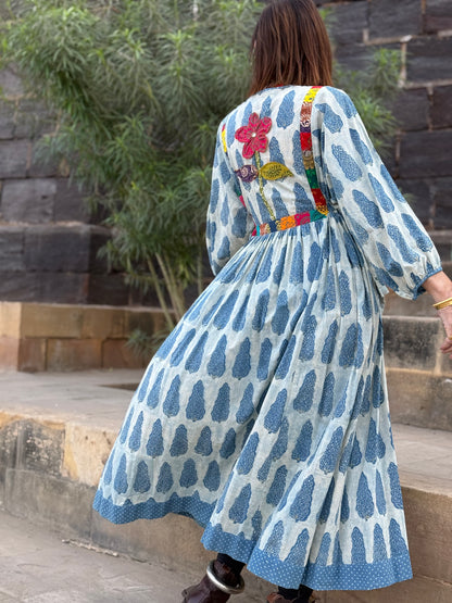 Boho Luxe Indigo Block Print Dress with Colorful Appliqué | One of a Kind