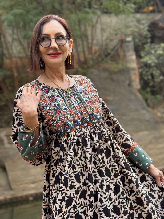 One of a kind - Cotton Dress with Vintage Kutch Embroidery & Mirror Sparkle