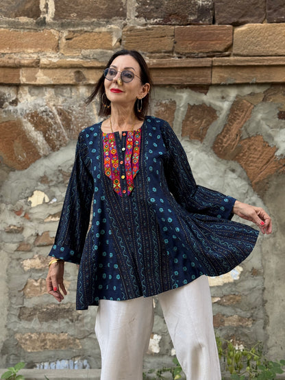 Cotton tunic, hand embroidered with vibrant Kutch needlework bodice