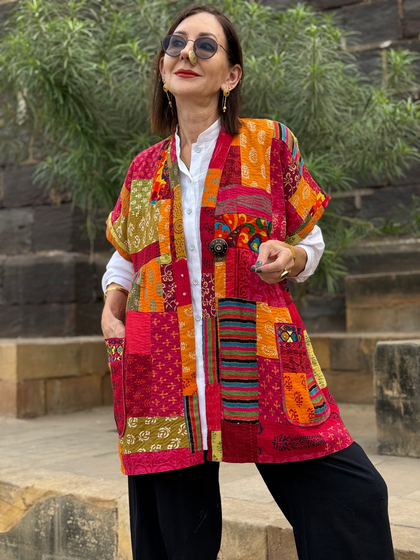 Pink & Orange Hand-Quilted Patchwork Vest with Embroidered Pockets