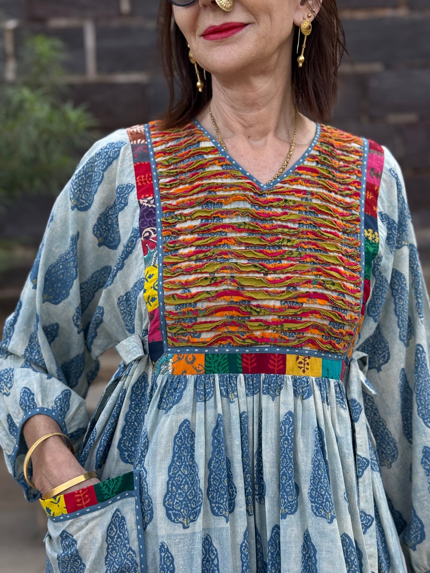 Boho Luxe Indigo Block Print Dress with Colorful Appliqué | One of a Kind