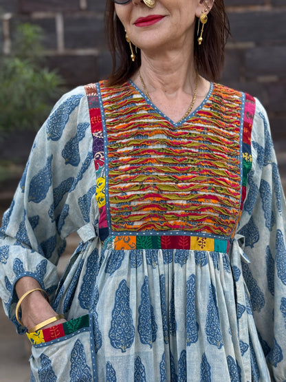 Boho Luxe Indigo Block Print Dress with Colorful Appliqué | One of a Kind