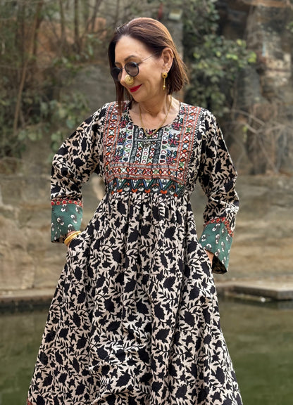Cotton Dress with Vintage Kutch Embroidery