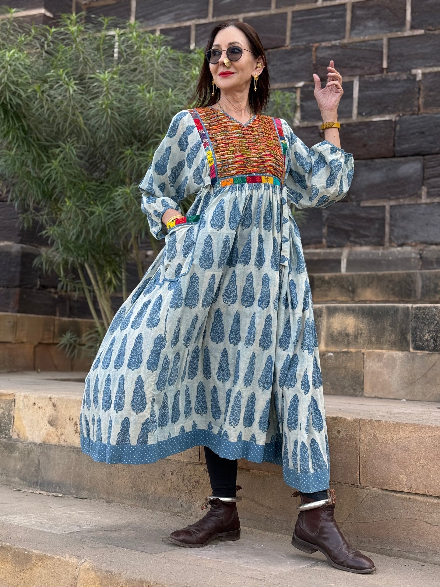 Boho Luxe Indigo Block Print Dress with Colorful Appliqué | One of a Kind