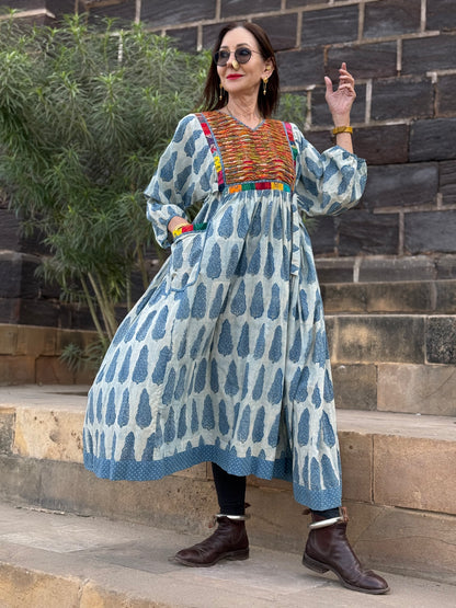 Boho Luxe Indigo Block Print Dress with Colorful Appliqué | One of a Kind