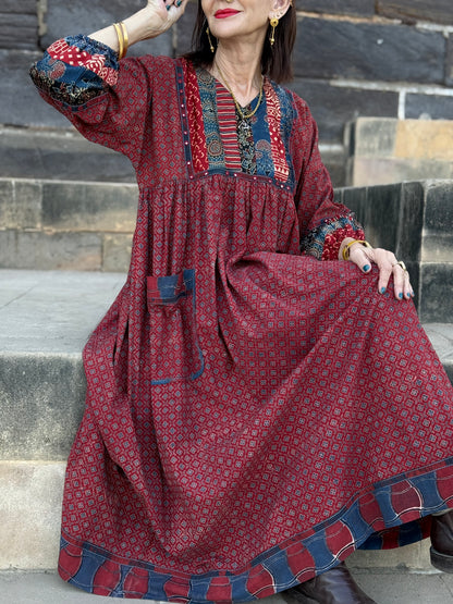 Red Ajrakh cotton dress with mirror embroidery