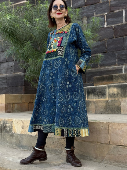 Indigo Patchwork Applique Dress