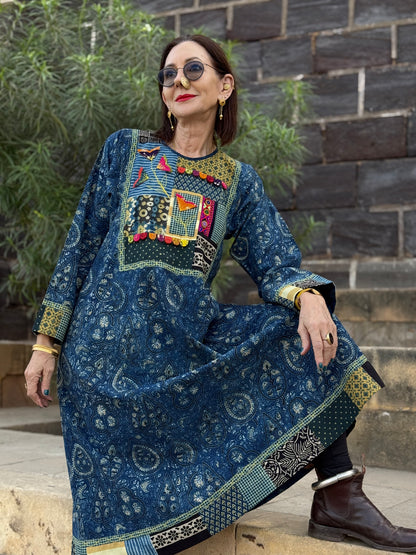 Indigo Patchwork Applique Dress