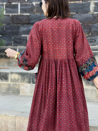 Red Ajrakh cotton dress with mirror embroidery