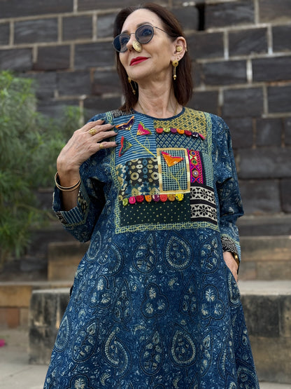 Indigo Patchwork Applique Dress