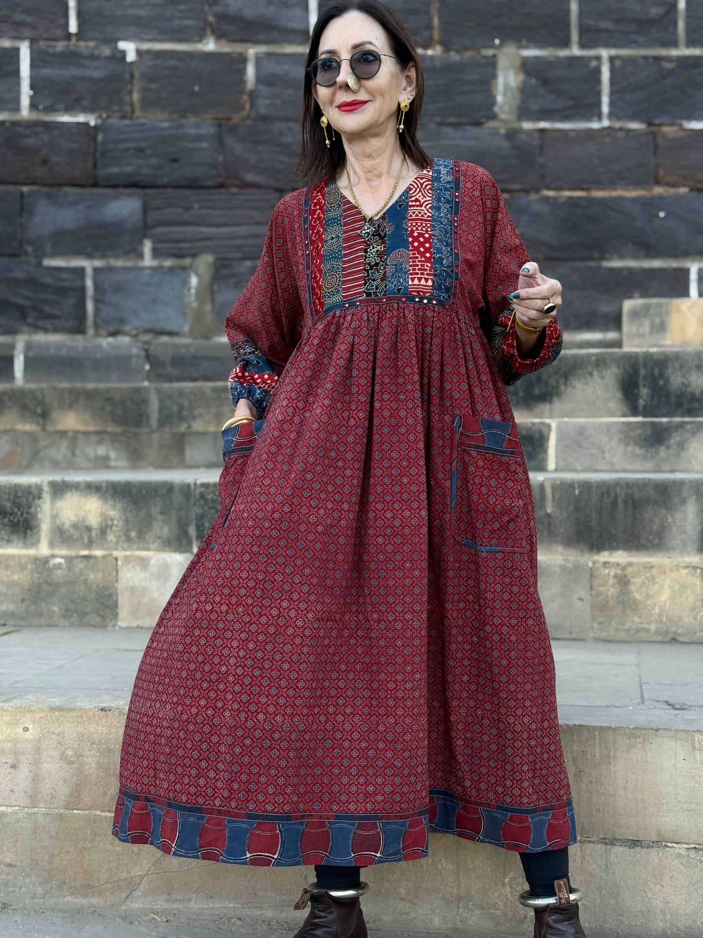 Red Ajrakh cotton dress with mirror embroidery