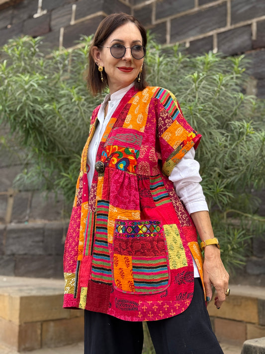 Pink & Orange Hand-Quilted Patchwork Vest with Embroidered Pockets