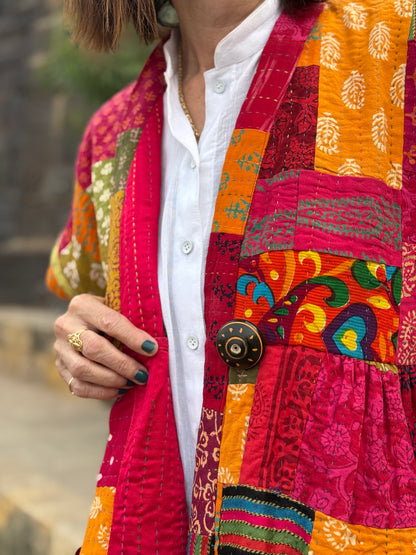 Pink & Orange Hand-Quilted Patchwork Vest with Embroidered Pockets