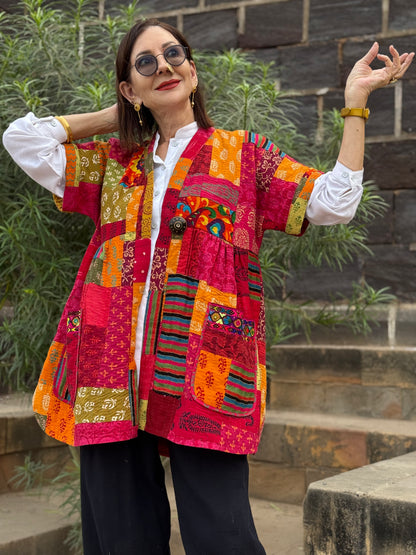 Pink & Orange Hand-Quilted Patchwork Vest with Embroidered Pockets