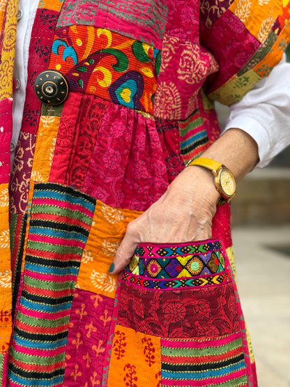 Pink & Orange Hand-Quilted Patchwork Vest with Embroidered Pockets