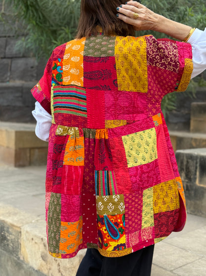 Pink & Orange Hand-Quilted Patchwork Vest with Embroidered Pockets