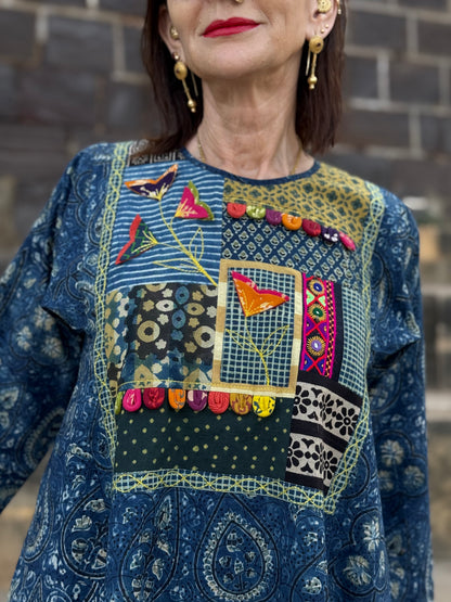 Indigo Patchwork Applique Dress