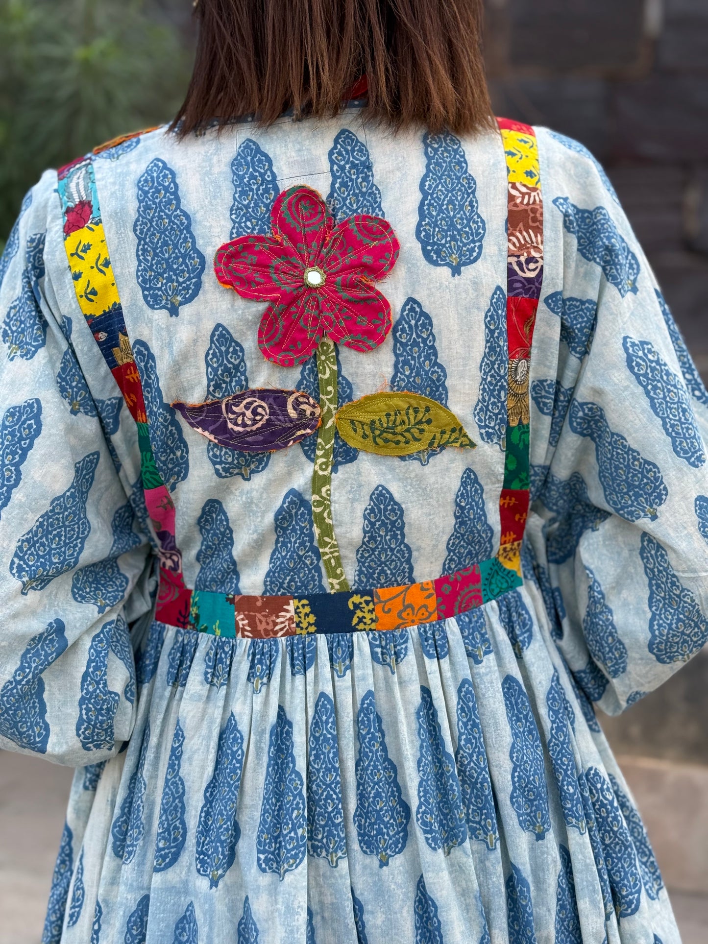 Boho Luxe Indigo Block Print Dress with Colorful Appliqué | One of a Kind