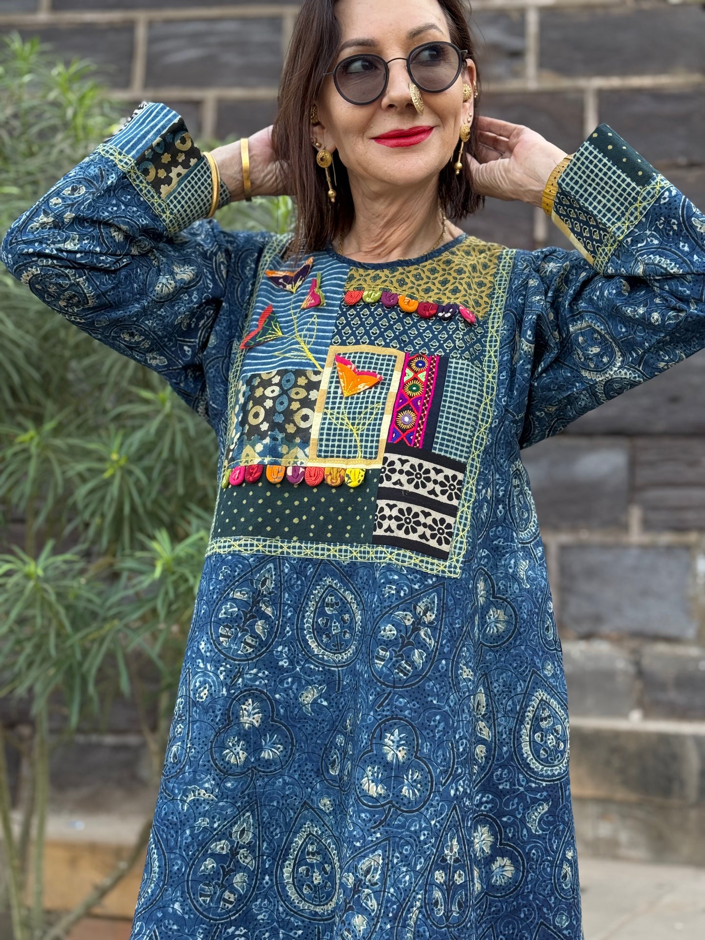 Indigo Patchwork Applique Dress