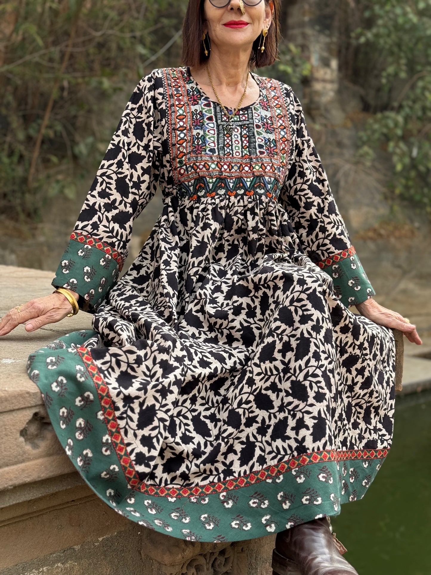 Cotton Dress with Vintage Kutch Embroidery