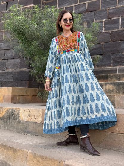 Boho Luxe Indigo Block Print Dress with Colorful Appliqué | One of a Kind