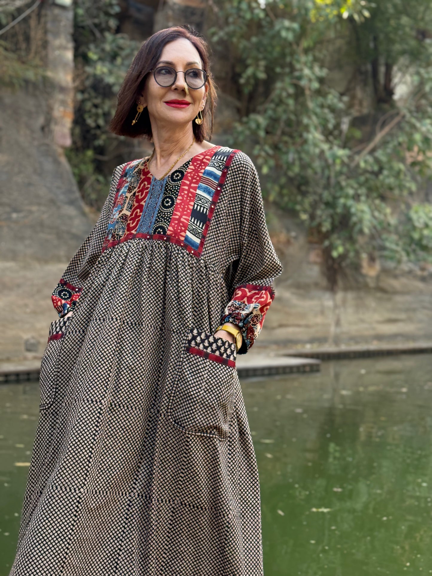 Indian cotton dress with patchwork yoke
