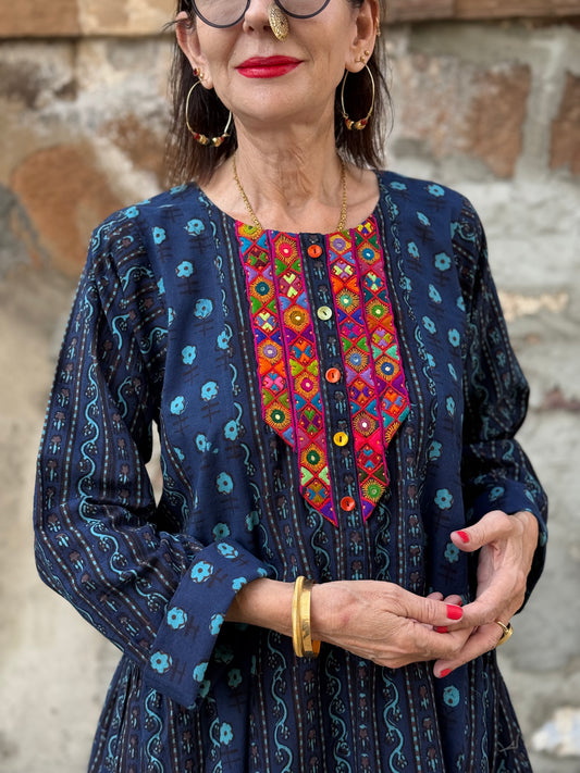 Cotton tunic, hand embroidered with vibrant Kutch needlework bodice