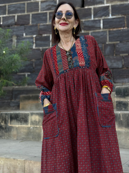 Red Ajrakh cotton dress with mirror embroidery