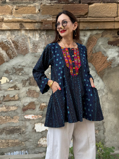 Cotton tunic, hand embroidered with vibrant Kutch needlework bodice