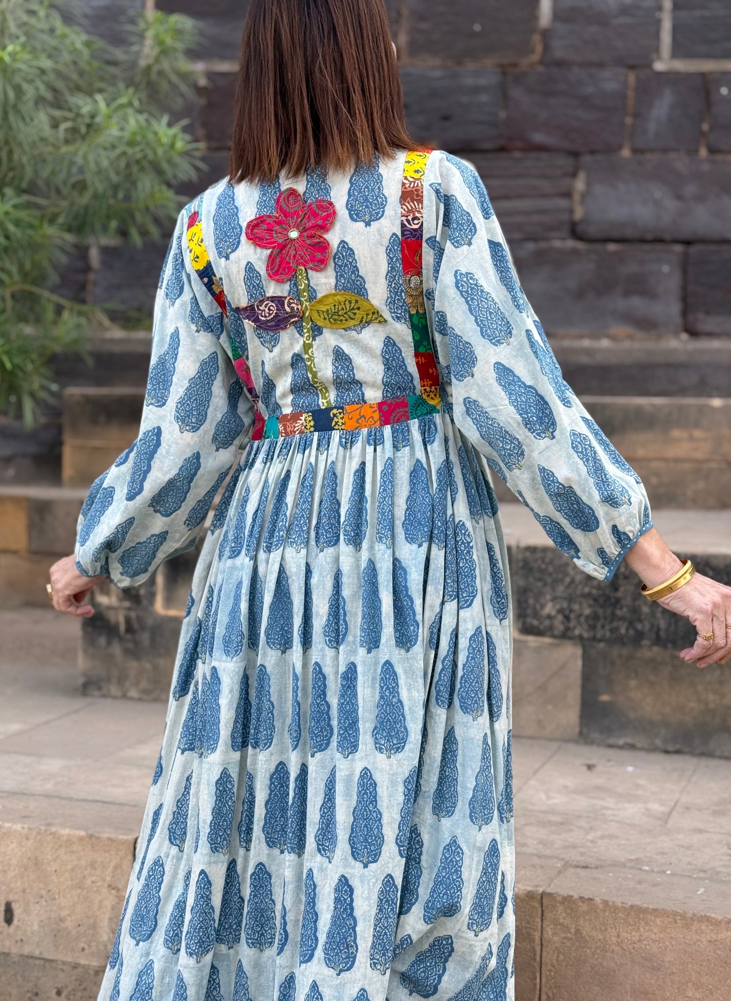 Boho Luxe Indigo Block Print Dress with Colorful Appliqué | One of a Kind