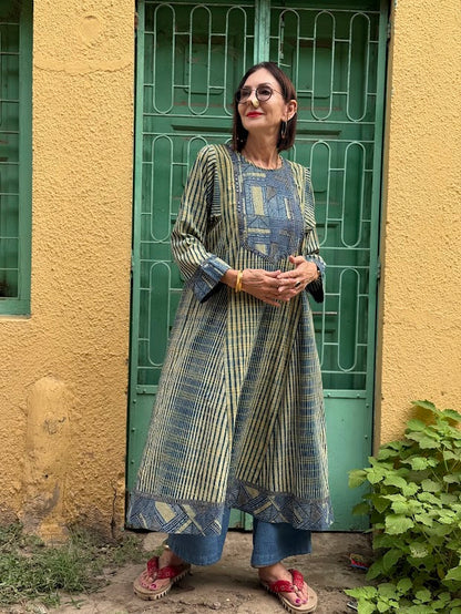 Indigo Ajrakh Flared Kurta Dress