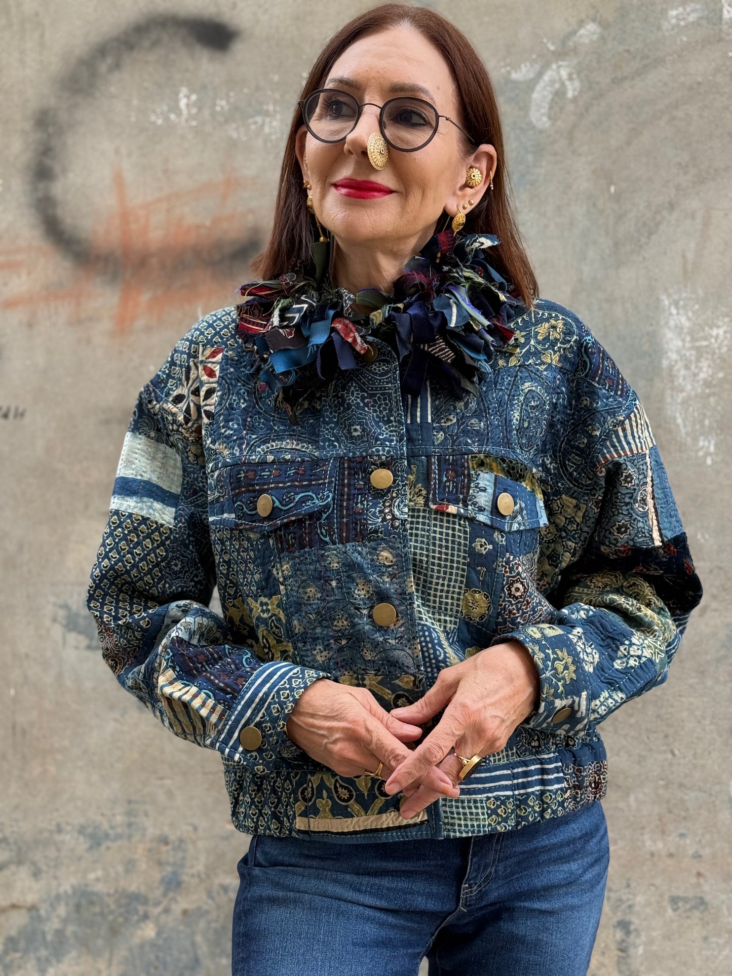 Handcrafted Ajrakh Patchwork Bomber Jacket  Luxe Art Wear Design