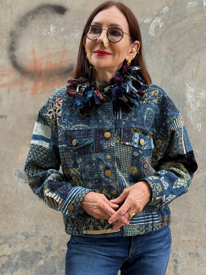 Handcrafted Ajrakh Patchwork Bomber Jacket  Luxe Art Wear Design