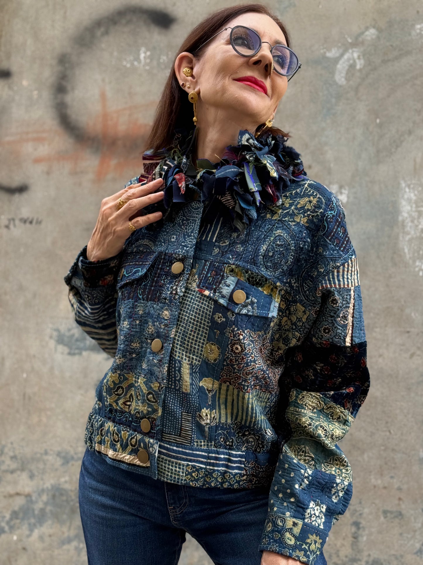 Handcrafted Ajrakh Patchwork Bomber Jacket  Luxe Art Wear Design