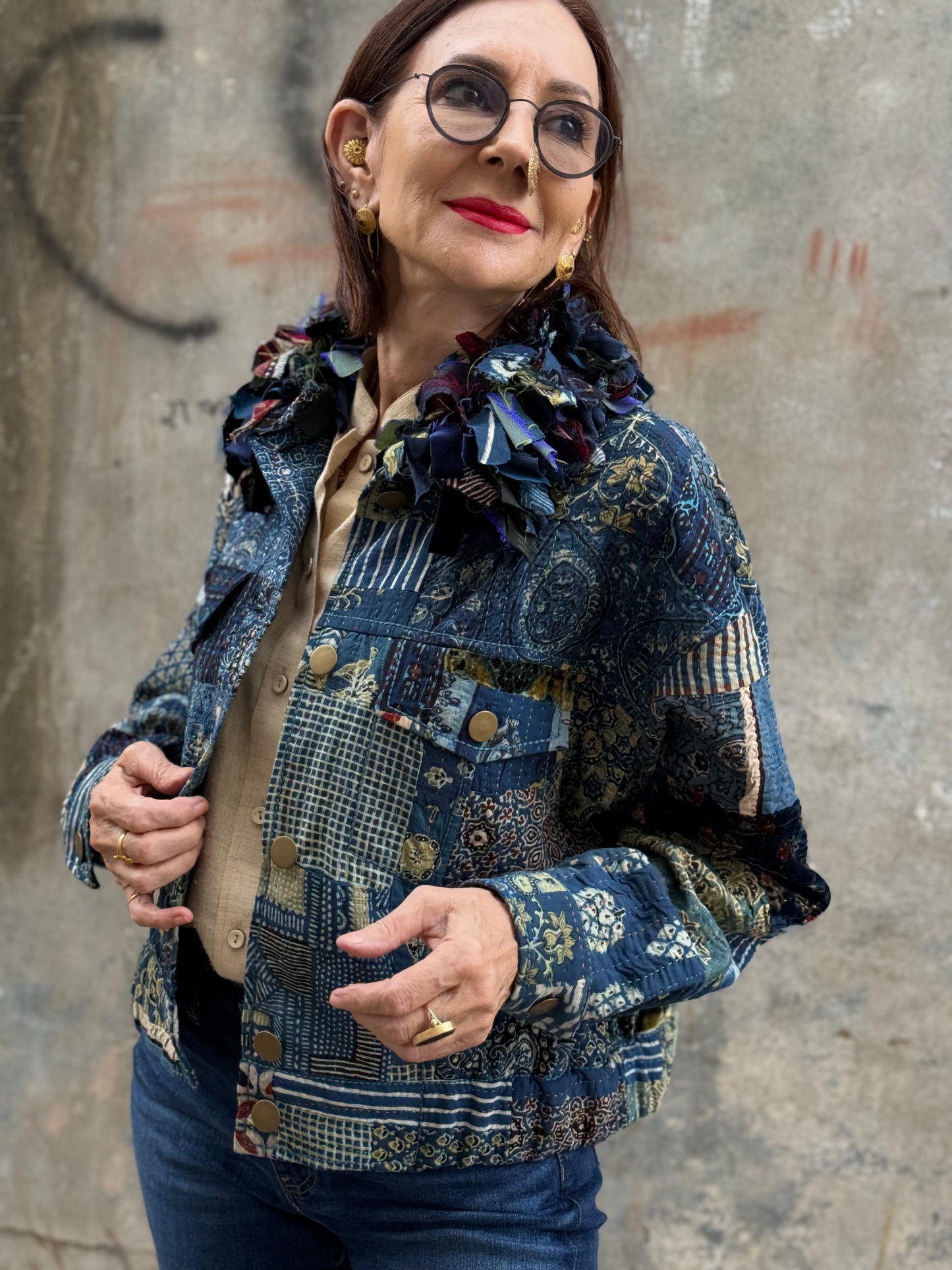 Handcrafted Ajrakh Patchwork Bomber Jacket  Luxe Art Wear Design