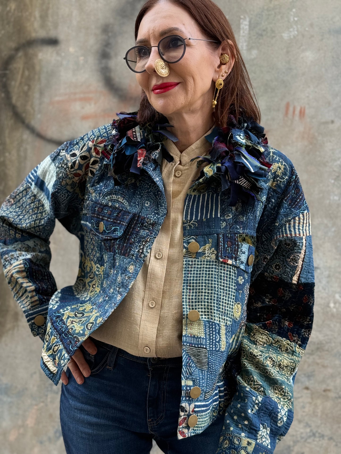 Handcrafted Ajrakh Patchwork Bomber Jacket  Luxe Art Wear Design