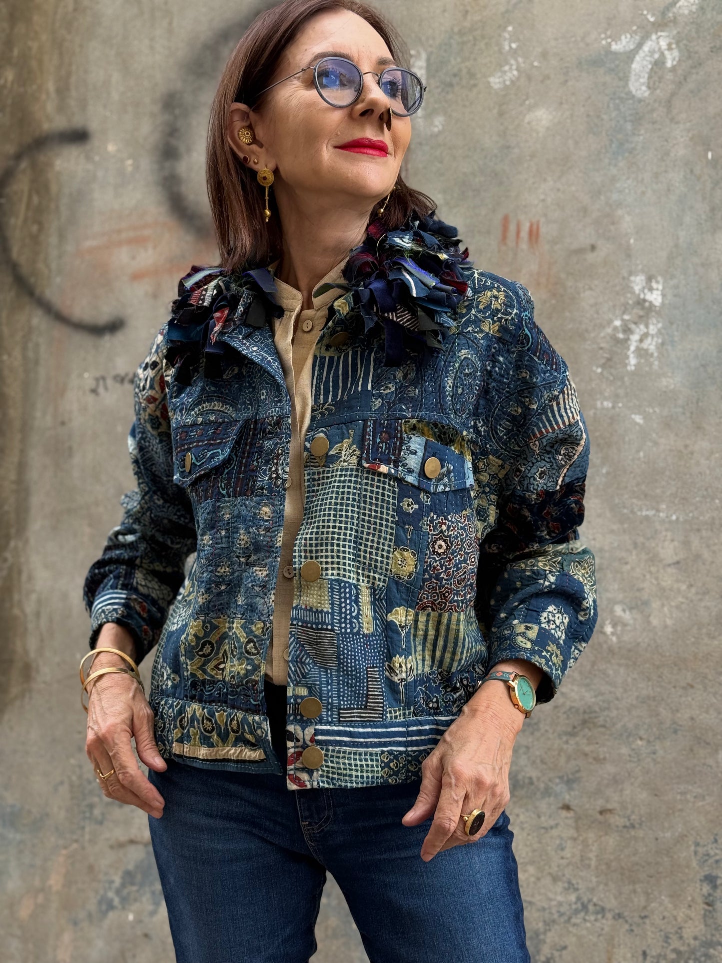 Handcrafted Ajrakh Patchwork Bomber Jacket  Luxe Art Wear Design