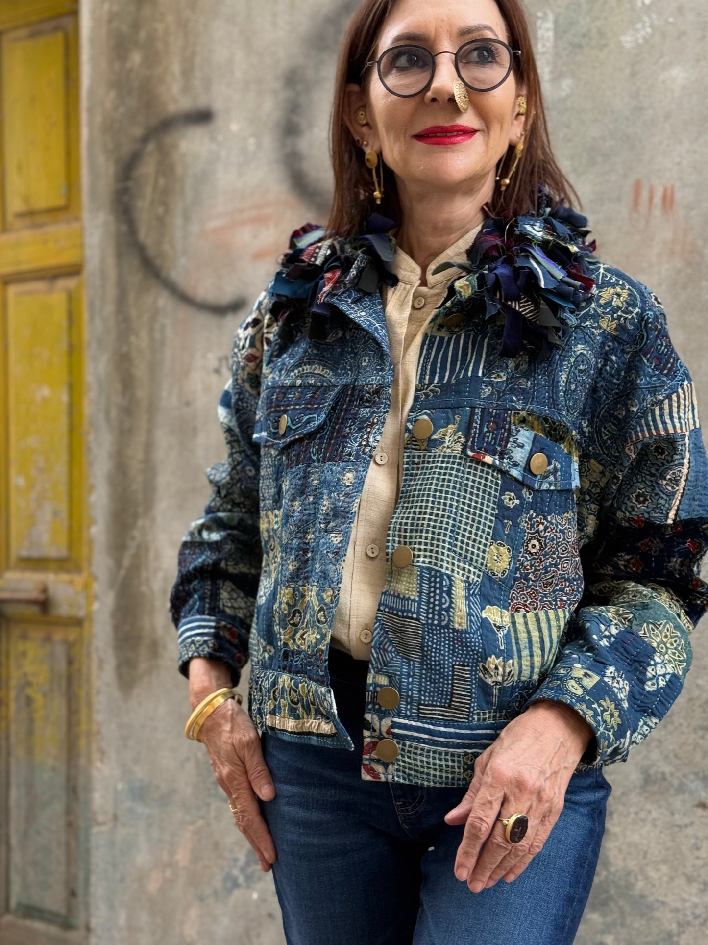 Handcrafted Ajrakh Patchwork Bomber Jacket  Luxe Art Wear Design