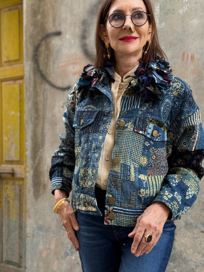 Handcrafted Ajrakh Patchwork Bomber Jacket  Luxe Art Wear Design