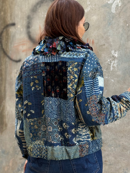 Handcrafted Ajrakh Patchwork Bomber Jacket  Luxe Art Wear Design